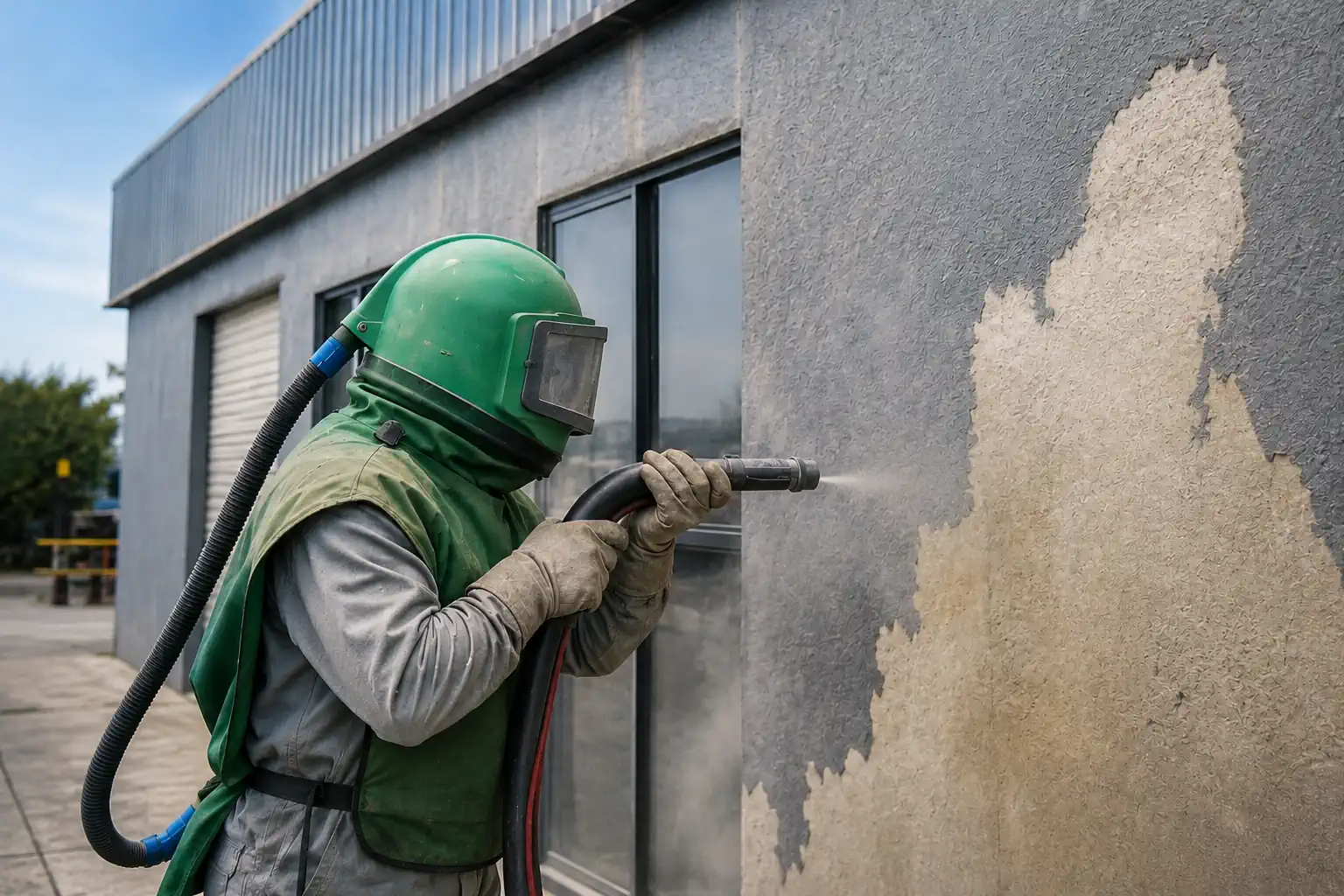 Sablage d'une façade avant mise en peinture